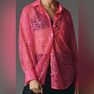 NWT Anthropologie Metallic Lace Button Down Shirt Pink Sheer Size S